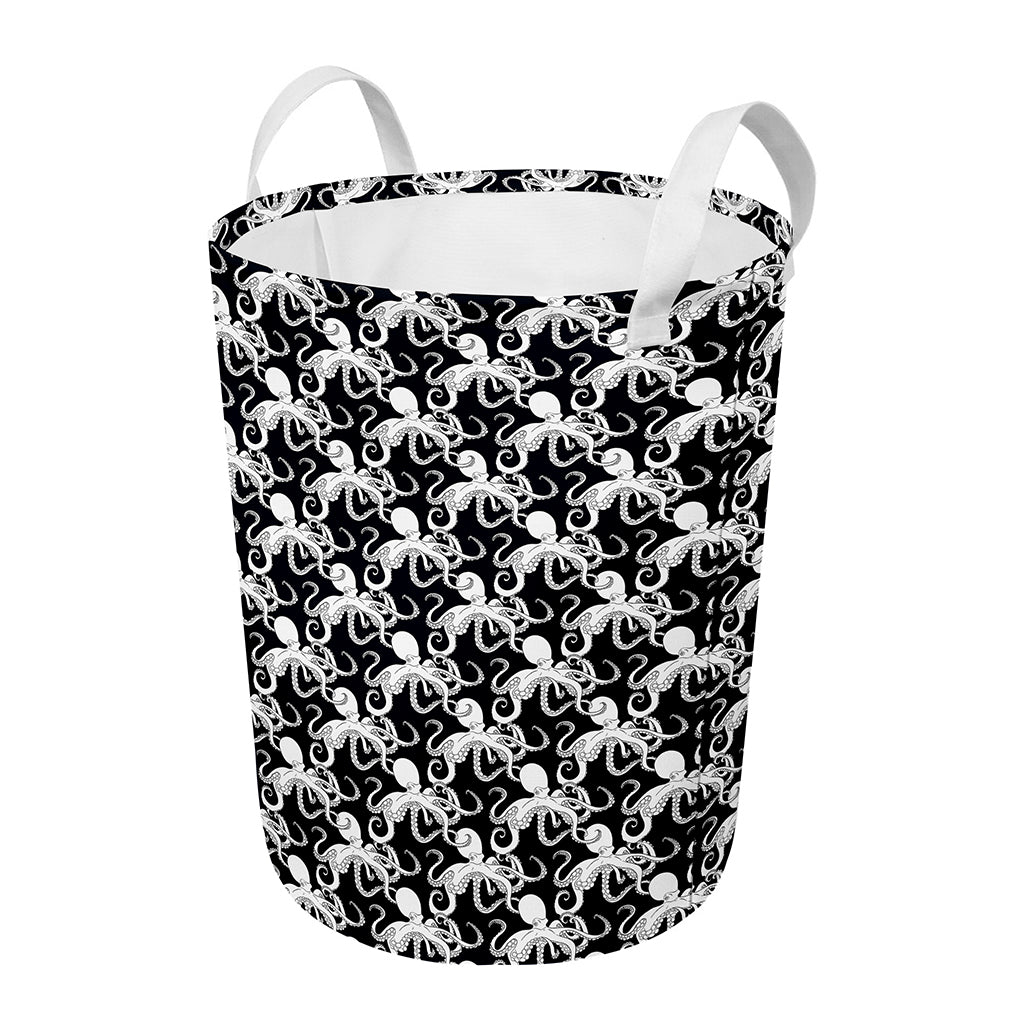 Black And White Octopus Pattern Print Round Laundry Basket