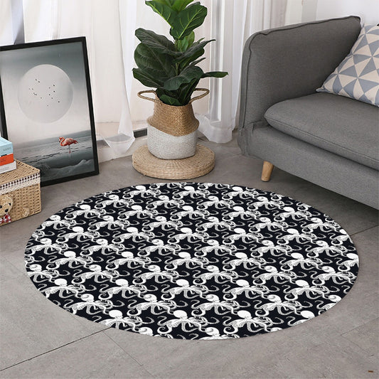 Black And White Octopus Pattern Print Round Rug