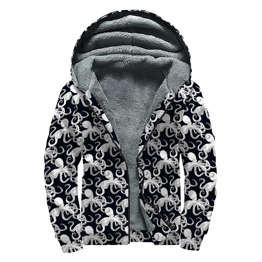 Black And White Octopus Pattern Print Sherpa Lined Zip Up Hoodie