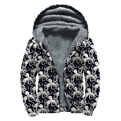 Black And White Octopus Pattern Print Sherpa Lined Zip Up Hoodie