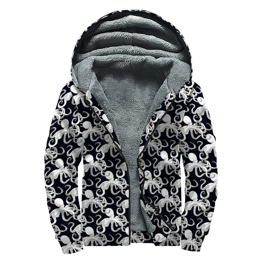 Black And White Octopus Pattern Print Sherpa Lined Zip Up Hoodie