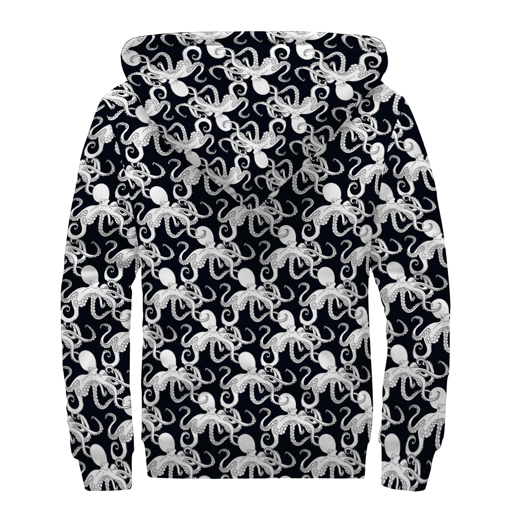 Black And White Octopus Pattern Print Sherpa Lined Zip Up Hoodie