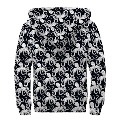 Black And White Octopus Pattern Print Sherpa Lined Zip Up Hoodie