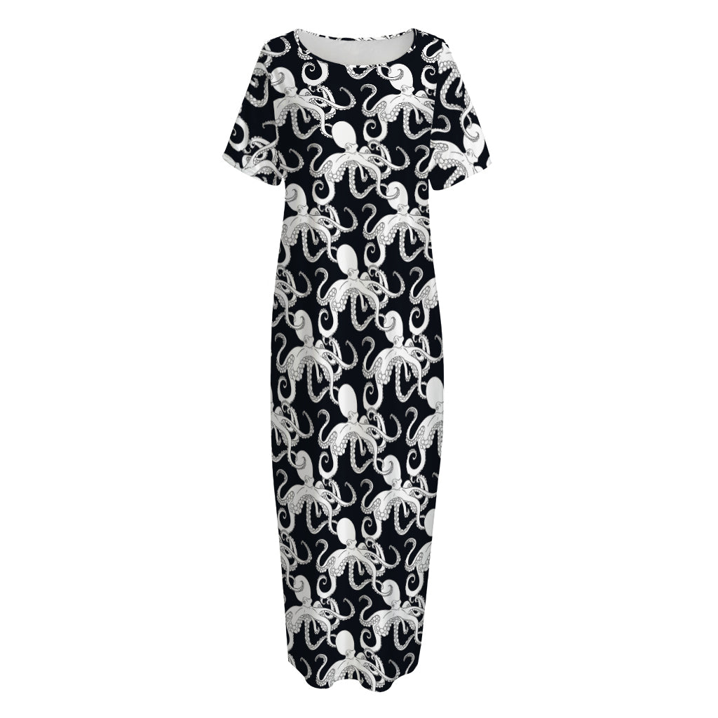Black And White Octopus Pattern Print Short Sleeve Long Nightdress