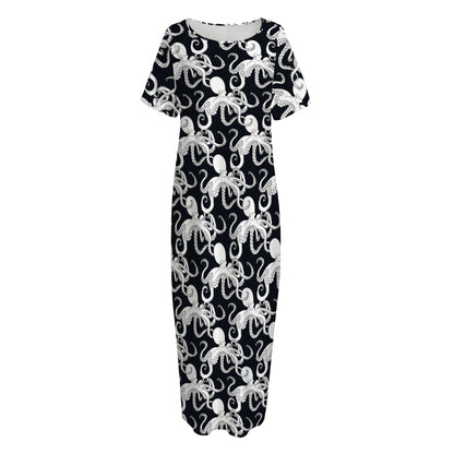Black And White Octopus Pattern Print Short Sleeve Long Nightdress