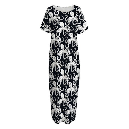 Black And White Octopus Pattern Print Short Sleeve Long Nightdress