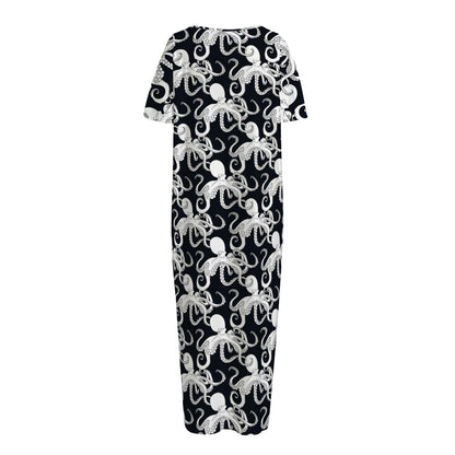 Black And White Octopus Pattern Print Short Sleeve Long Nightdress
