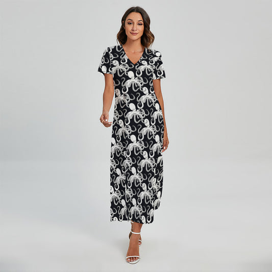 Black And White Octopus Pattern Print Short Sleeve Maxi Dress