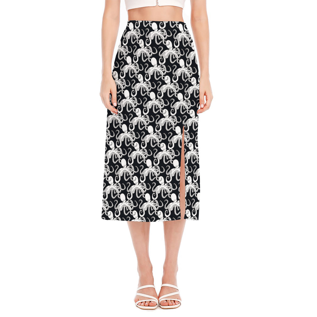 Black And White Octopus Pattern Print Side Slit Midi Skirt