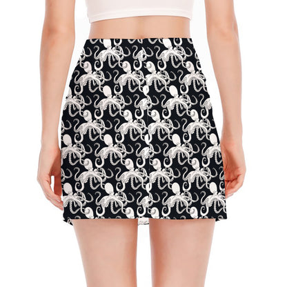 Black And White Octopus Pattern Print Side Slit Mini Skirt