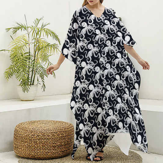 Black And White Octopus Pattern Print Silk V-Neck Kaftan Dress