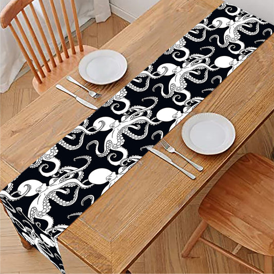 Black And White Octopus Pattern Print Table Runner
