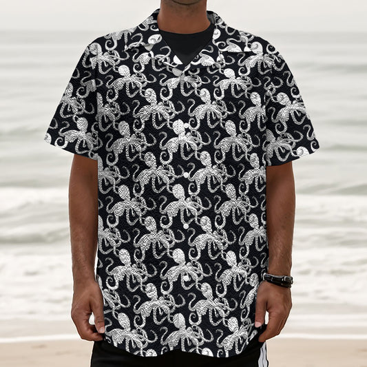 Black And White Octopus Pattern Print Textured Short Sleeve Shirt