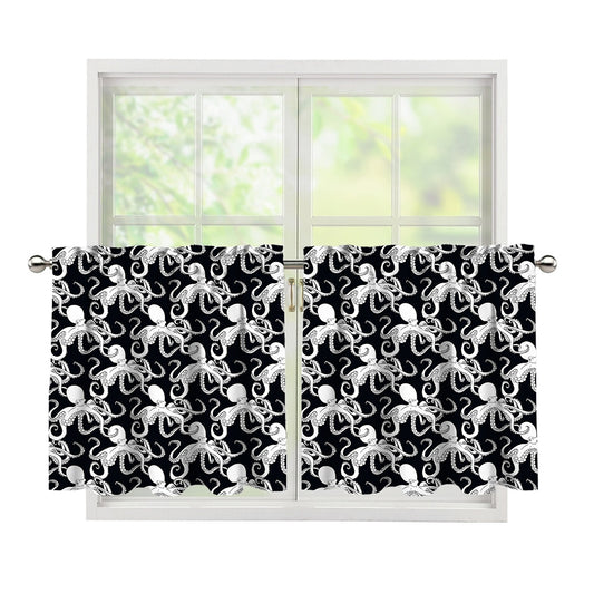 Black And White Octopus Pattern Print Tier Curtains