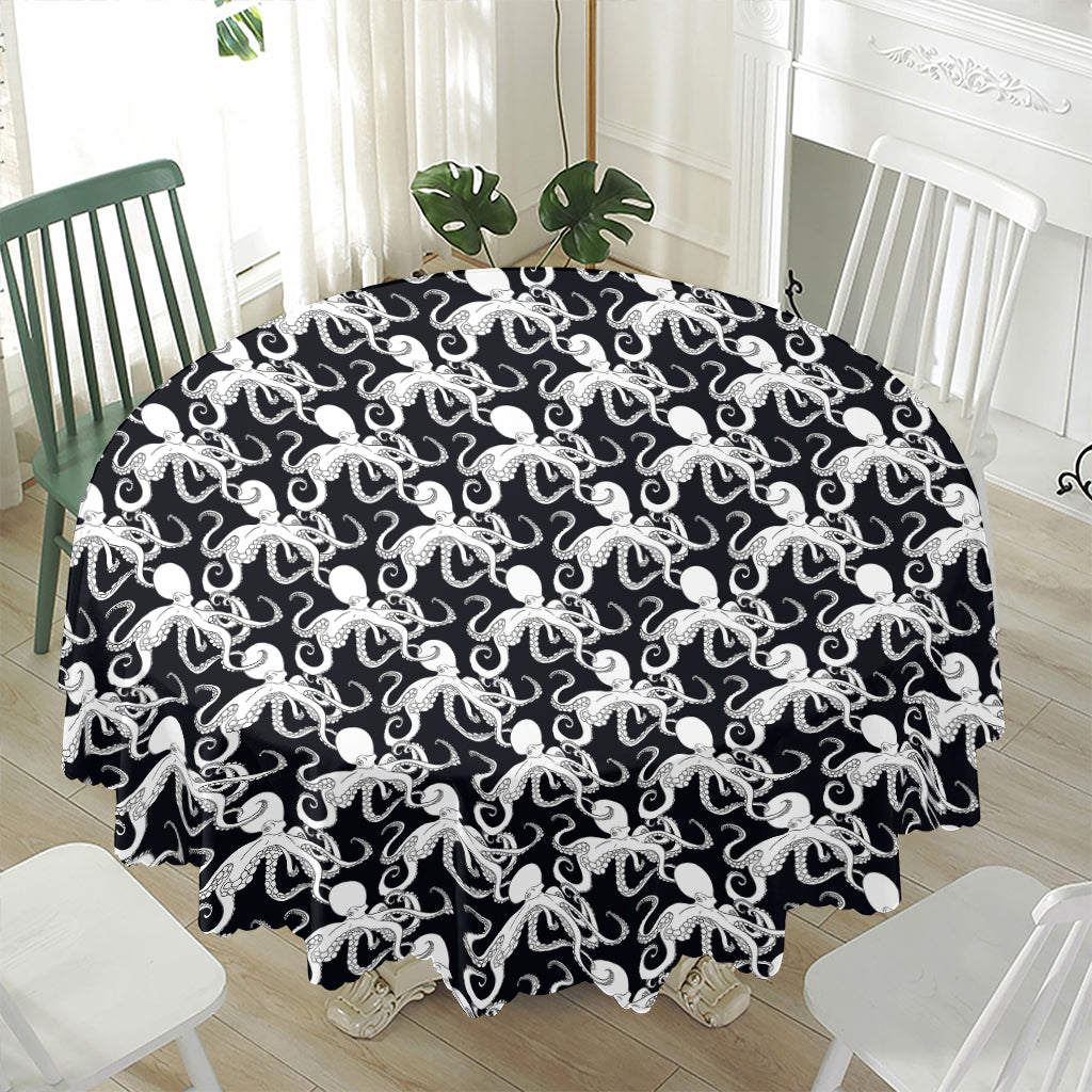 Black And White Octopus Pattern Print Waterproof Round Tablecloth