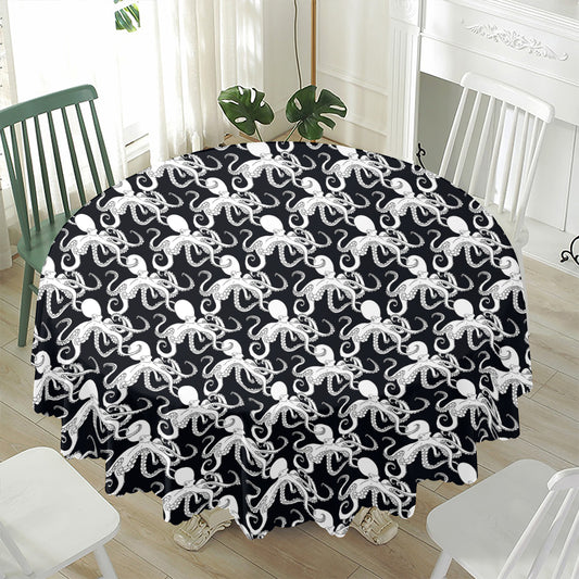 Black And White Octopus Pattern Print Waterproof Round Tablecloth