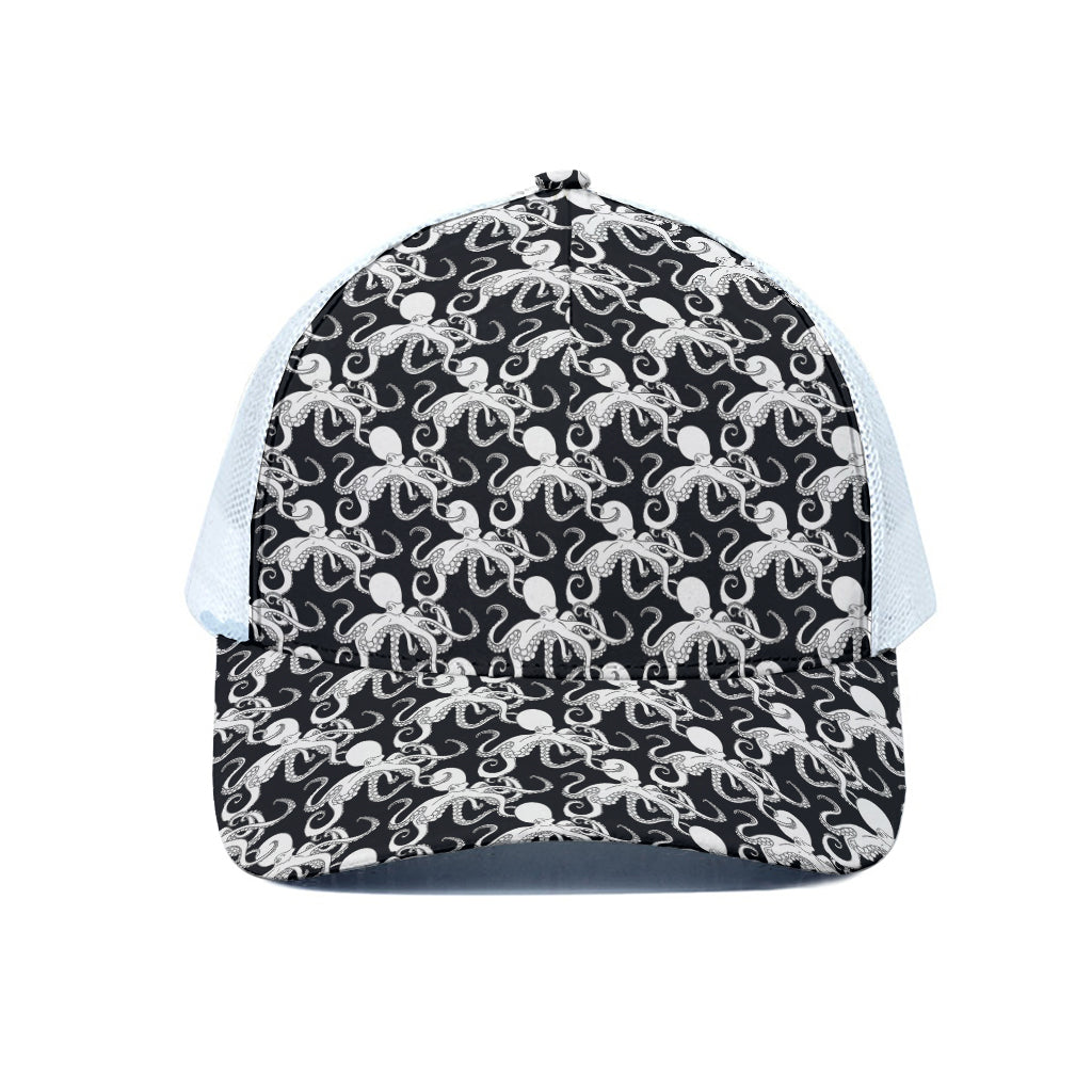 Black And White Octopus Pattern Print White Mesh Trucker Cap