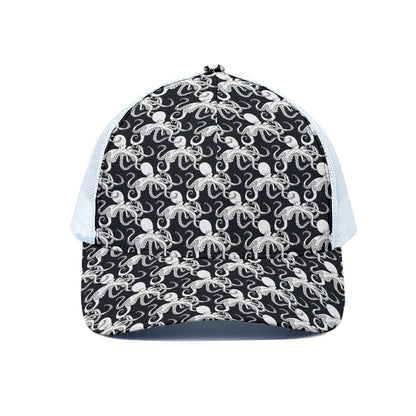 Black And White Octopus Pattern Print White Mesh Trucker Cap