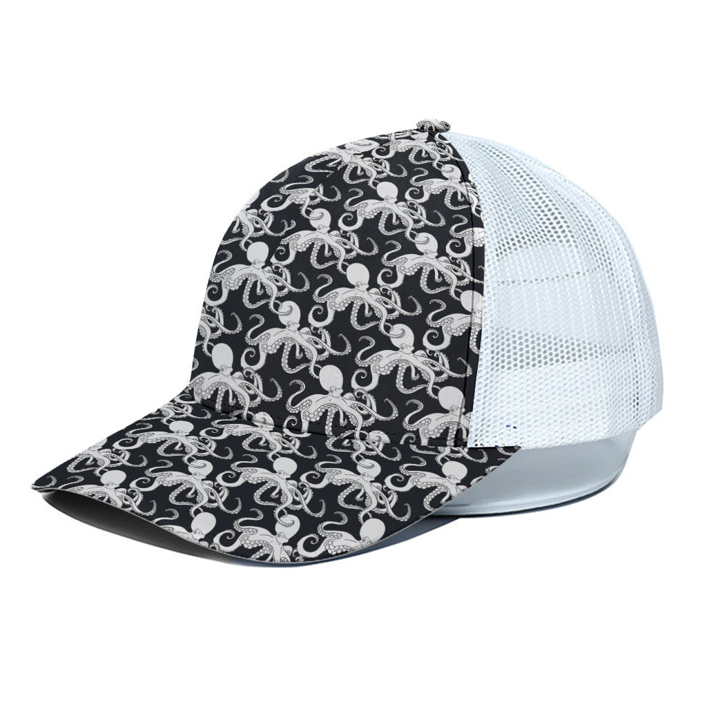 Black And White Octopus Pattern Print White Mesh Trucker Cap