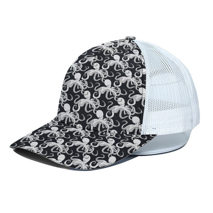 Black And White Octopus Pattern Print White Mesh Trucker Cap