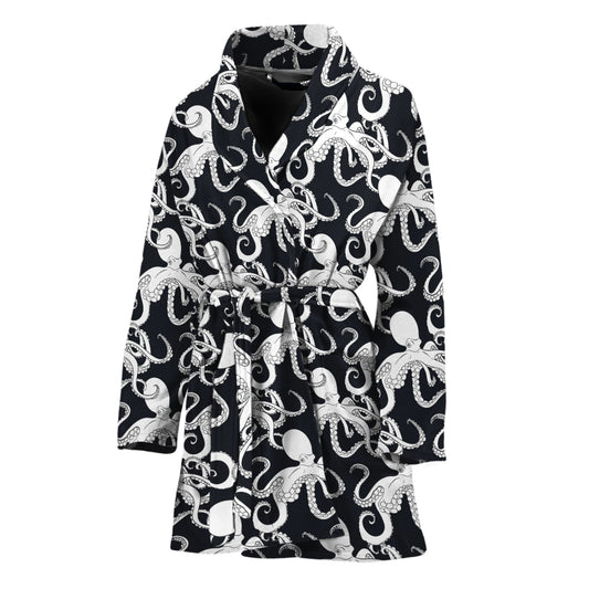 Black And White Octopus Pattern Print Women's Bathrobe