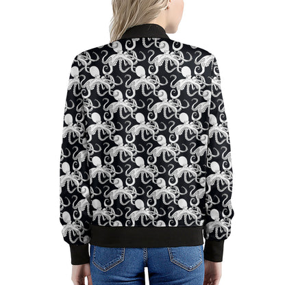 Black And White Octopus Pattern Print Women's Bomber Jacket