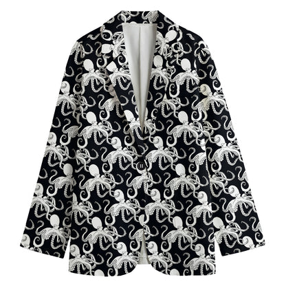 Black And White Octopus Pattern Print Women's Cotton Blazer