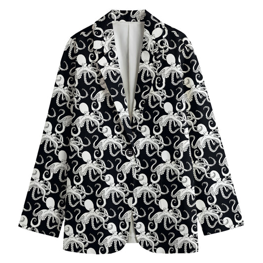 Black And White Octopus Pattern Print Women's Cotton Blazer