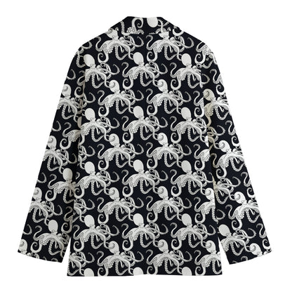 Black And White Octopus Pattern Print Women's Cotton Blazer