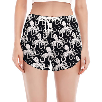 Black And White Octopus Pattern Print Women's Split Running Shorts