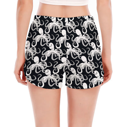 Black And White Octopus Pattern Print Women's Split Running Shorts