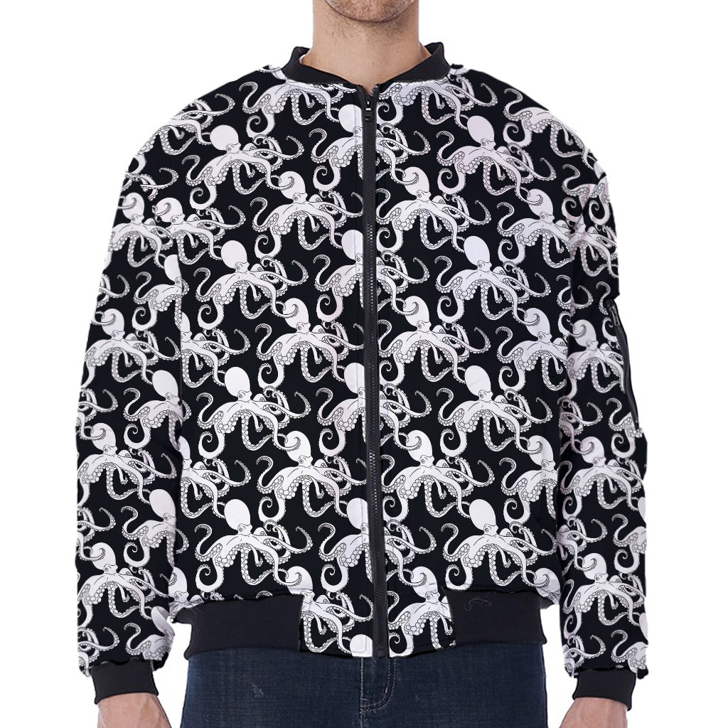 Black And White Octopus Pattern Print Zip Sleeve Bomber Jacket