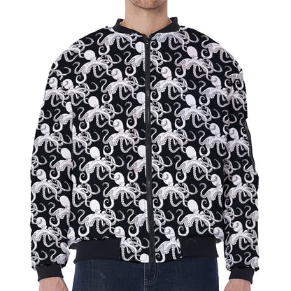 Black And White Octopus Pattern Print Zip Sleeve Bomber Jacket
