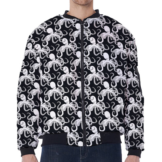 Black And White Octopus Pattern Print Zip Sleeve Bomber Jacket