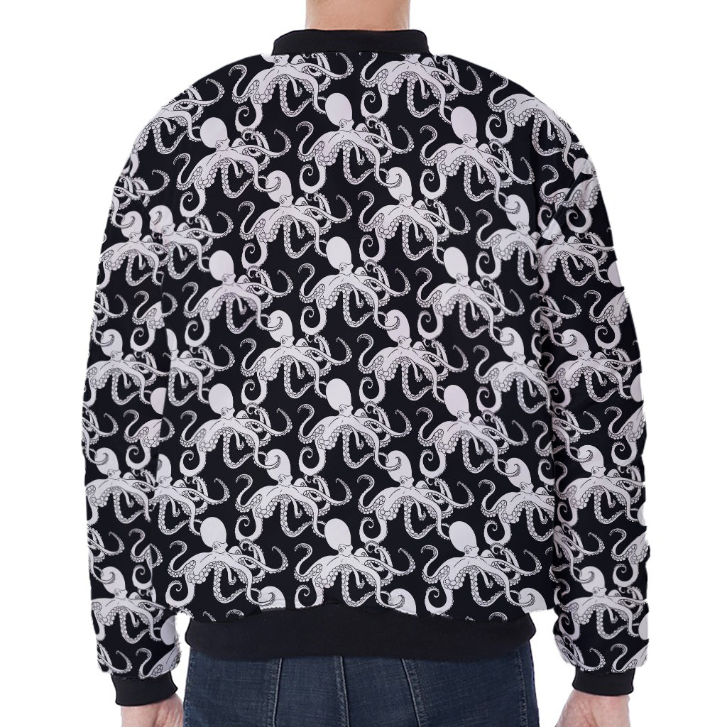 Black And White Octopus Pattern Print Zip Sleeve Bomber Jacket