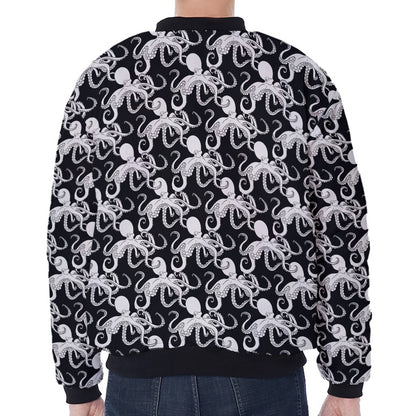 Black And White Octopus Pattern Print Zip Sleeve Bomber Jacket