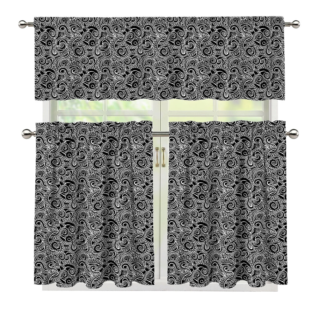 Black And White Octopus Tentacles Print 3 Piece Kitchen Curtains