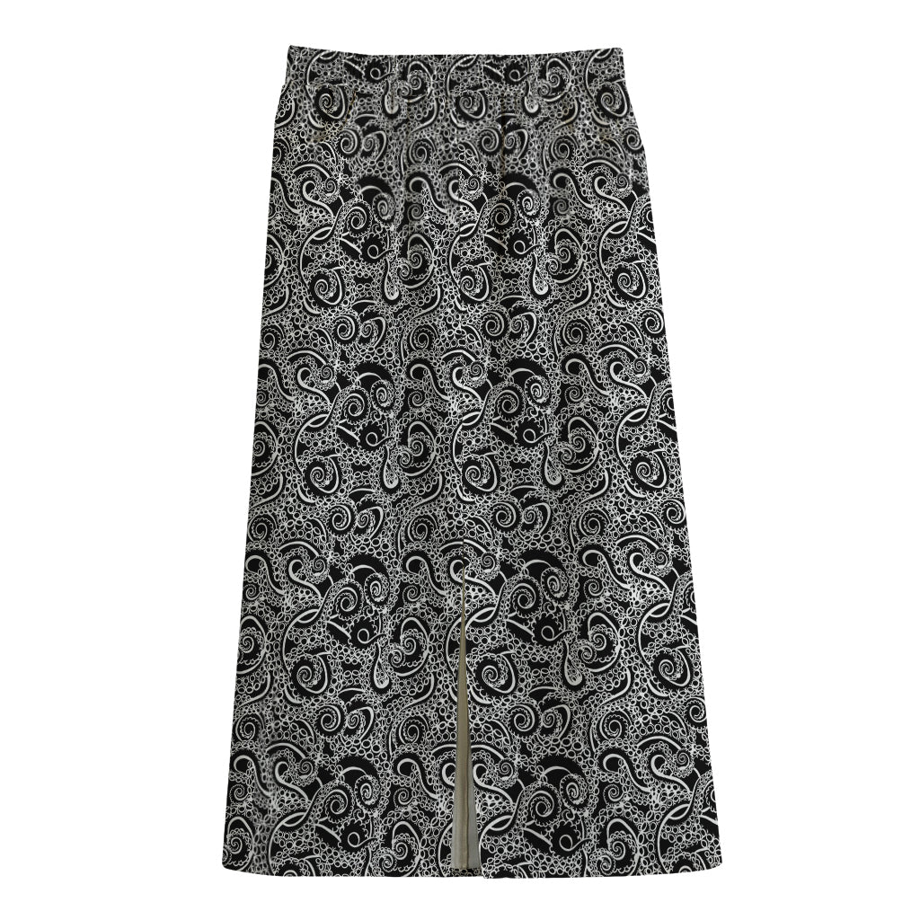 Black And White Octopus Tentacles Print Cotton Front Slit Maxi Skirt