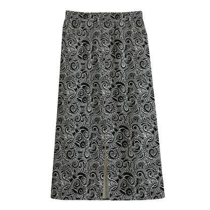 Black And White Octopus Tentacles Print Cotton Front Slit Maxi Skirt