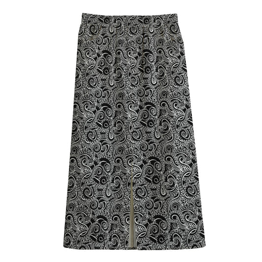 Black And White Octopus Tentacles Print Cotton Front Slit Maxi Skirt