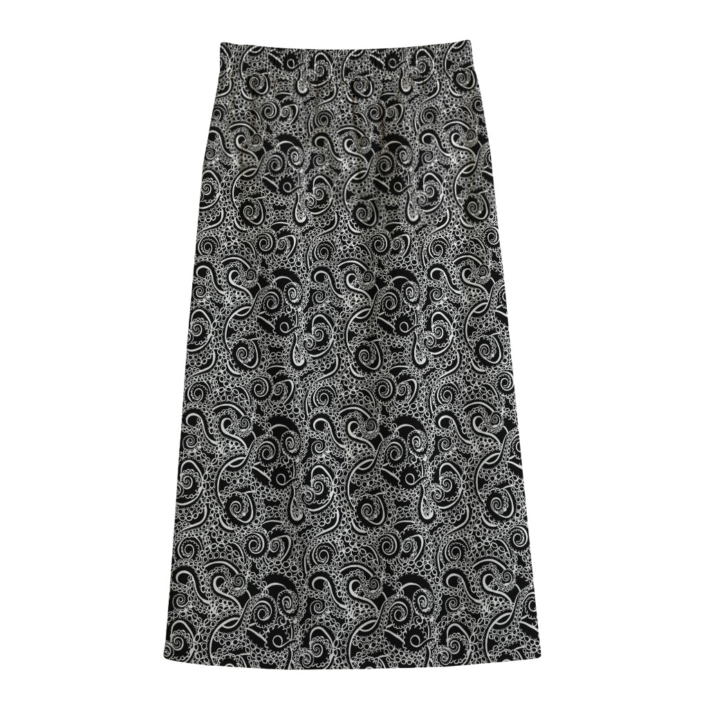 Black And White Octopus Tentacles Print Cotton Front Slit Maxi Skirt