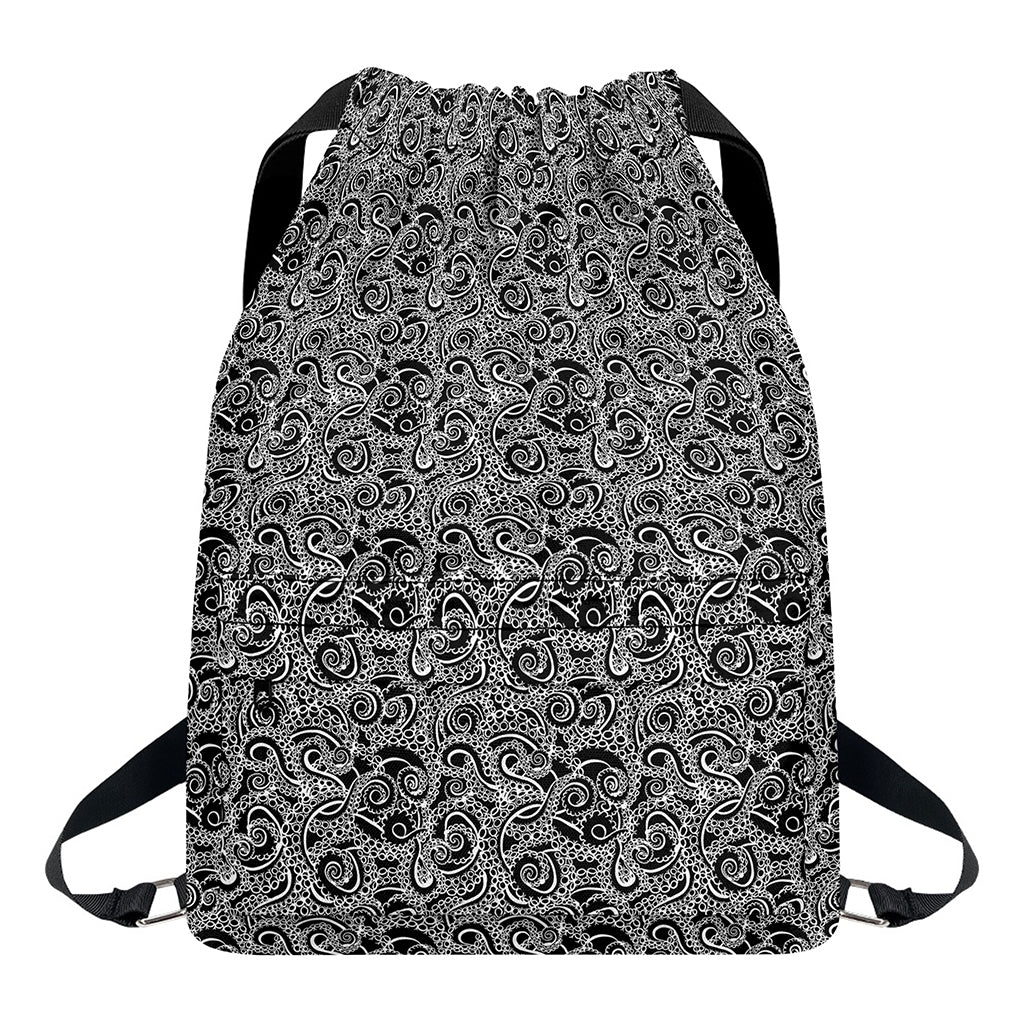 Black And White Octopus Tentacles Print Drawstring Backpack