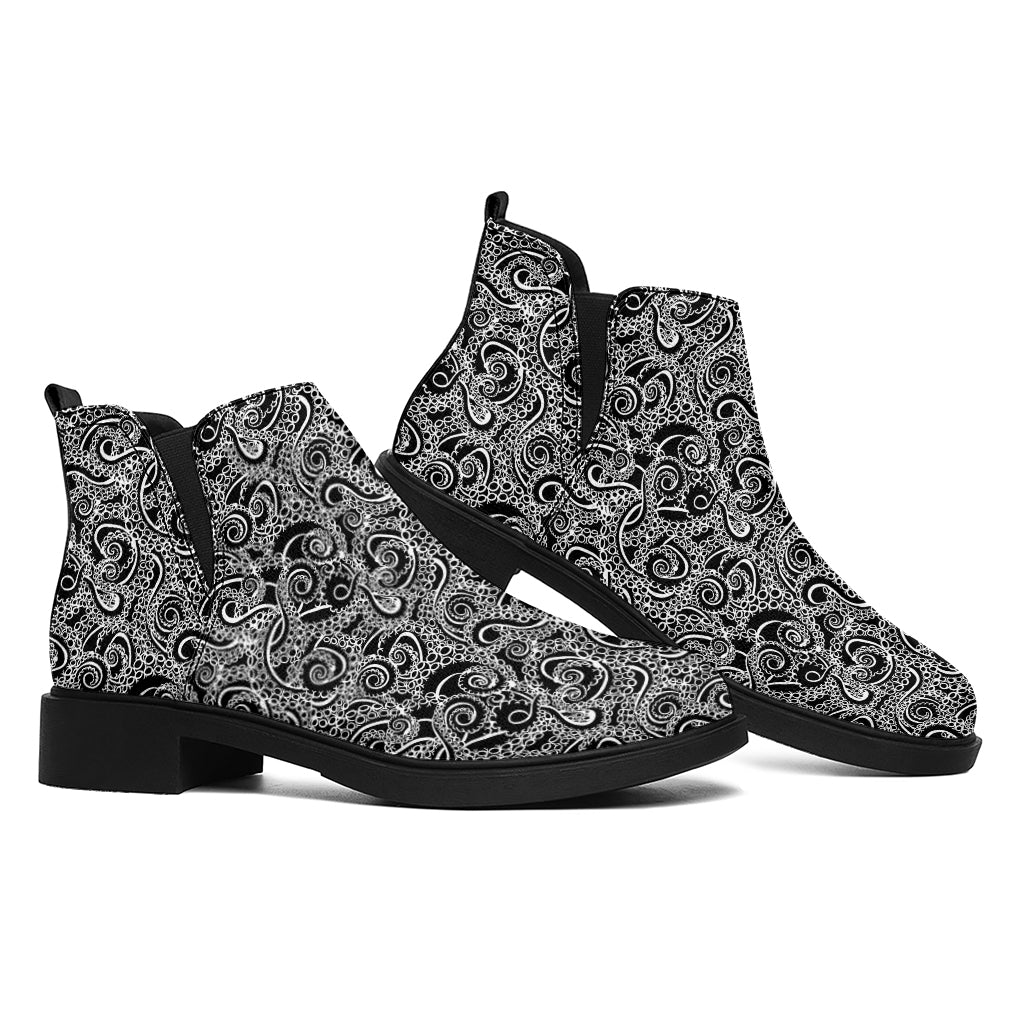 Black And White Octopus Tentacles Print Flat Ankle Boots