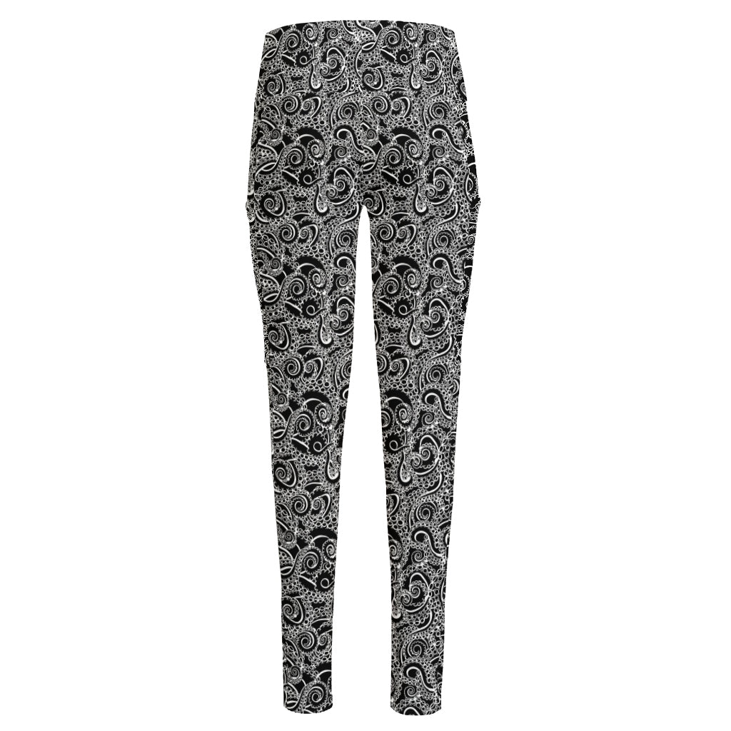 Black And White Octopus Tentacles Print High-Waisted Pocket Leggings