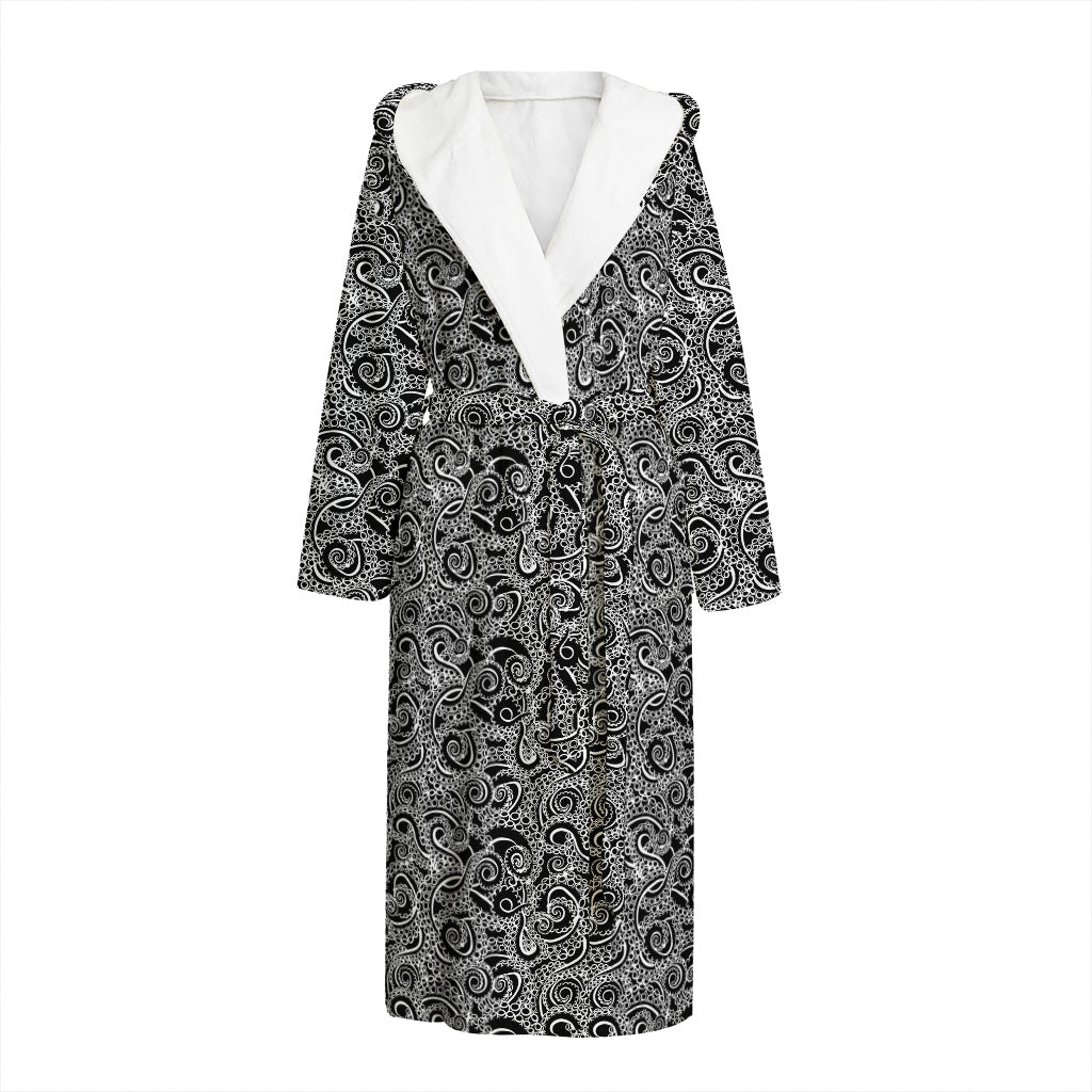 Black And White Octopus Tentacles Print Hooded Bathrobe