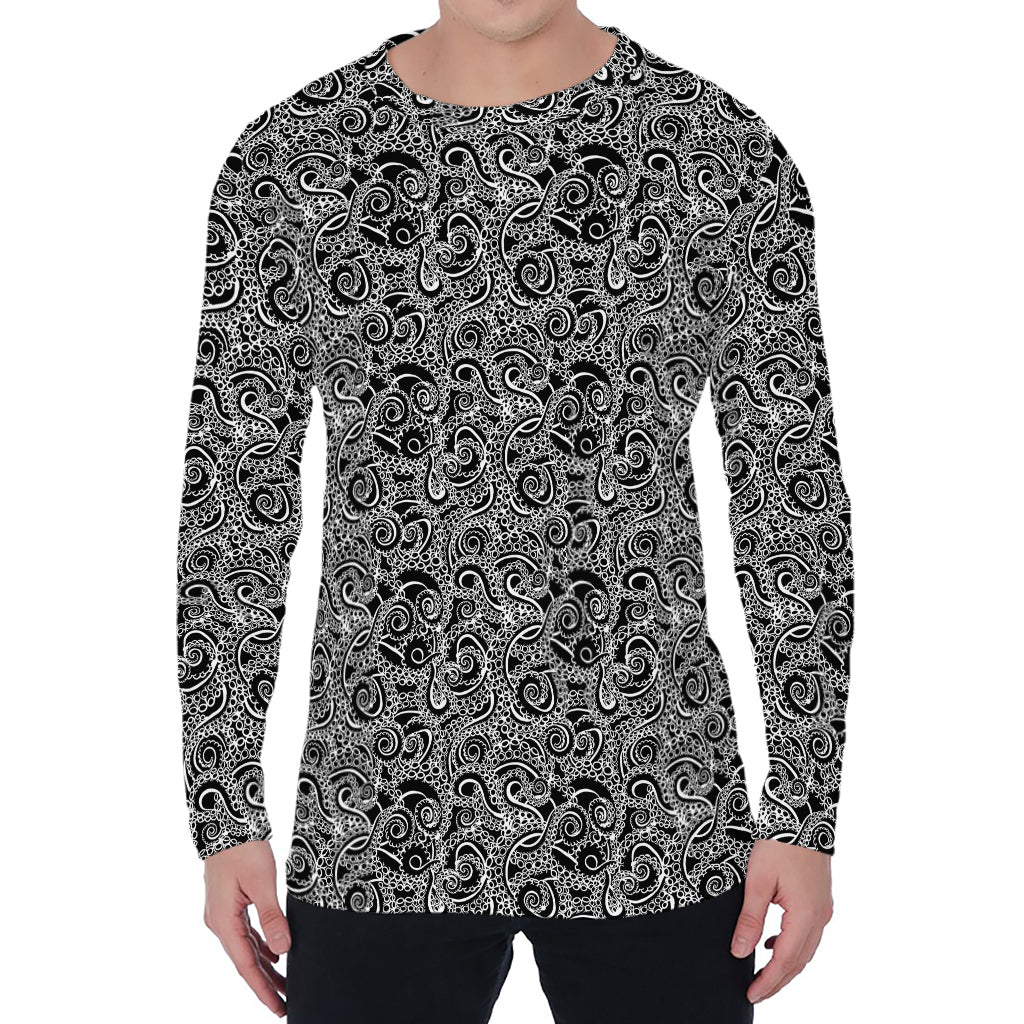 Black And White Octopus Tentacles Print Men's Long Sleeve T-Shirt