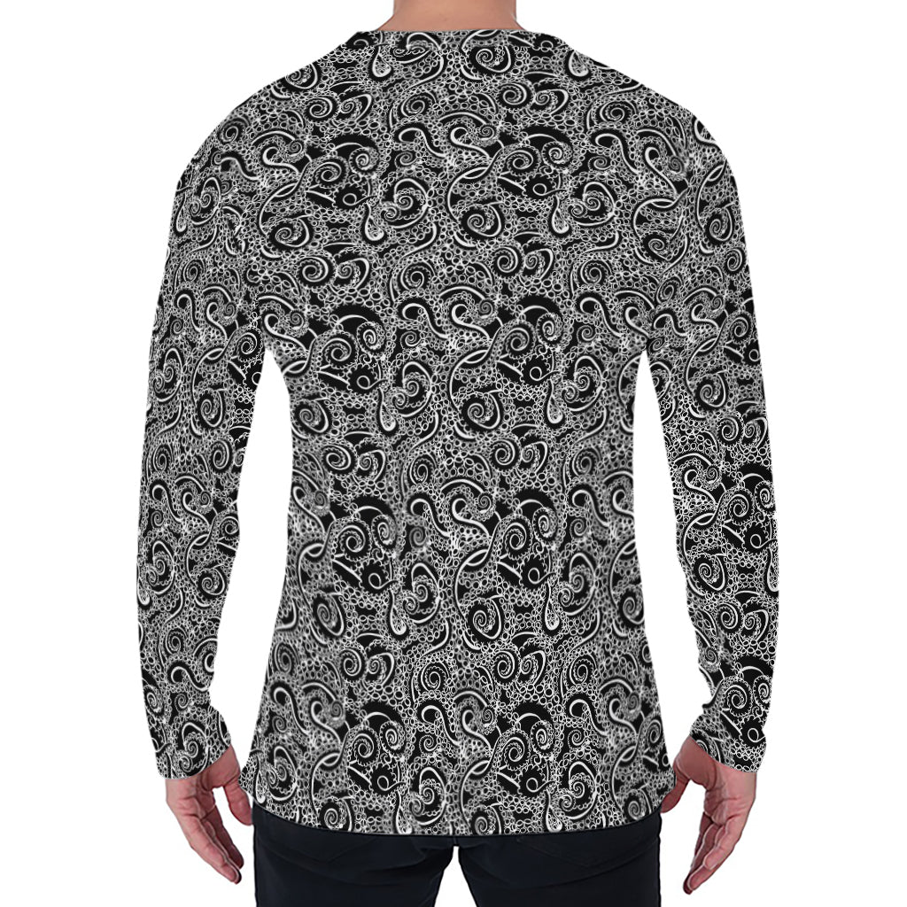 Black And White Octopus Tentacles Print Men's Long Sleeve T-Shirt