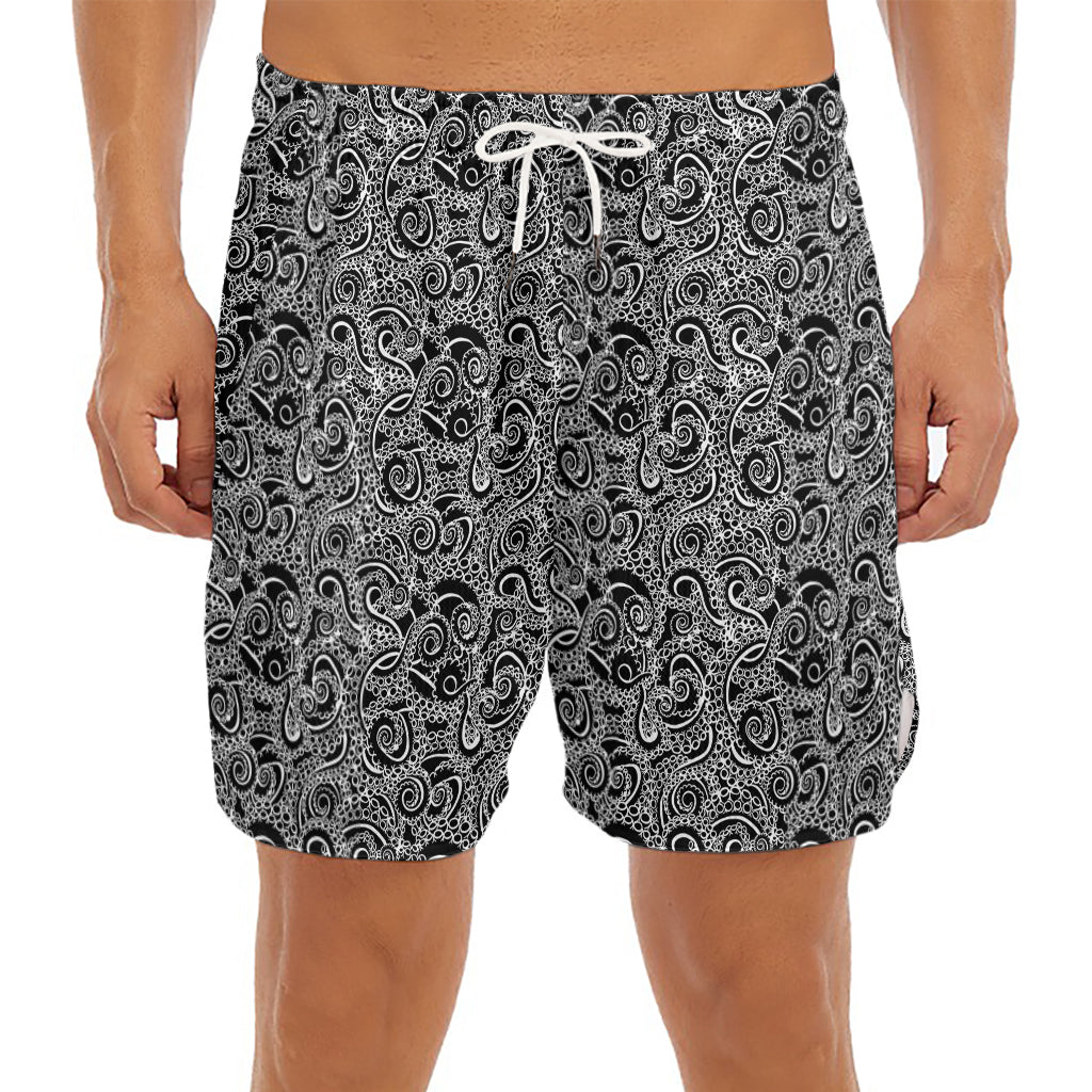 Black And White Octopus Tentacles Print Men's Split Running Shorts