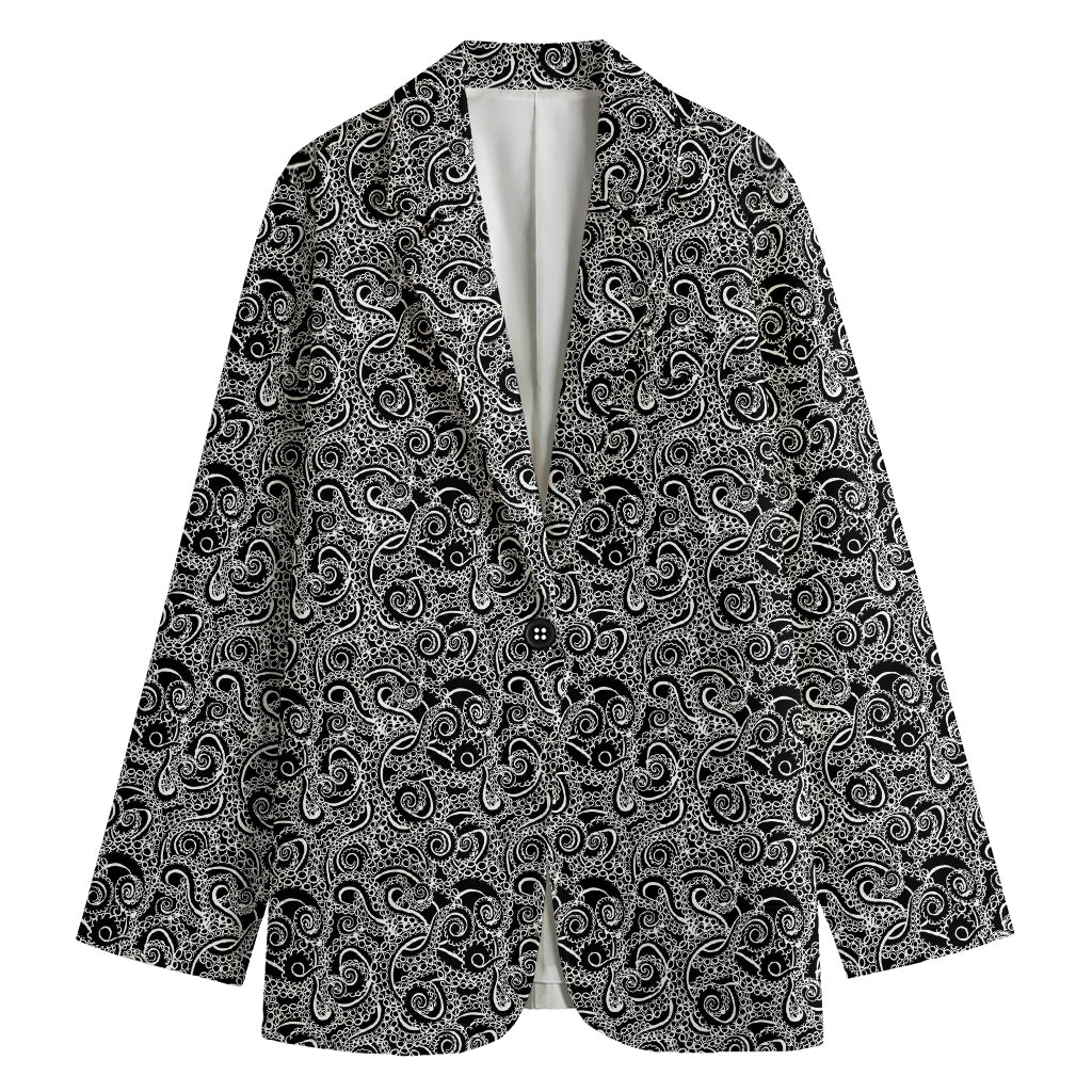 Black And White Octopus Tentacles Print Women's Cotton Blazer