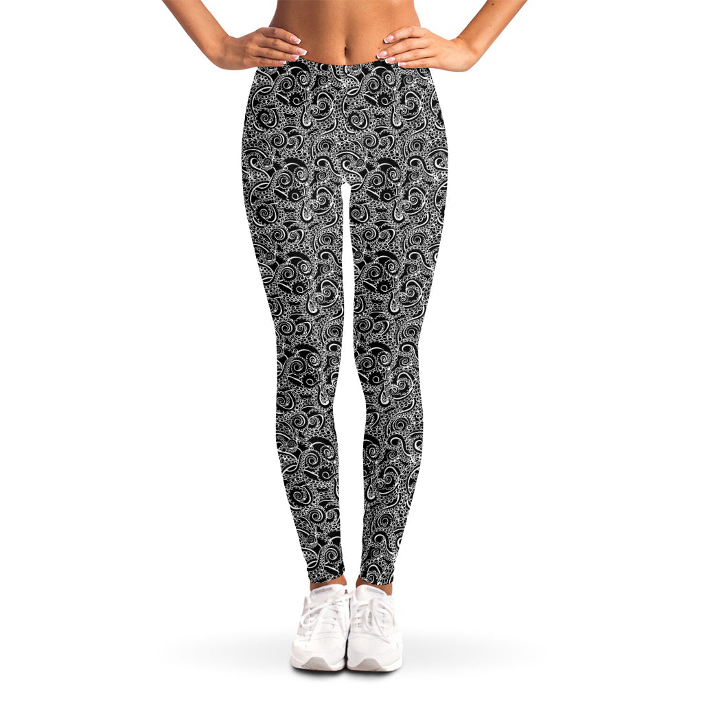 Black And White Octopus Tentacles Print Women's Leggings